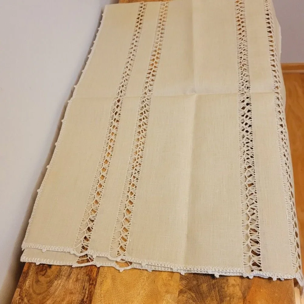 Handmade Vintage Drawd Thread Work Tablecloth Linen Table Runner